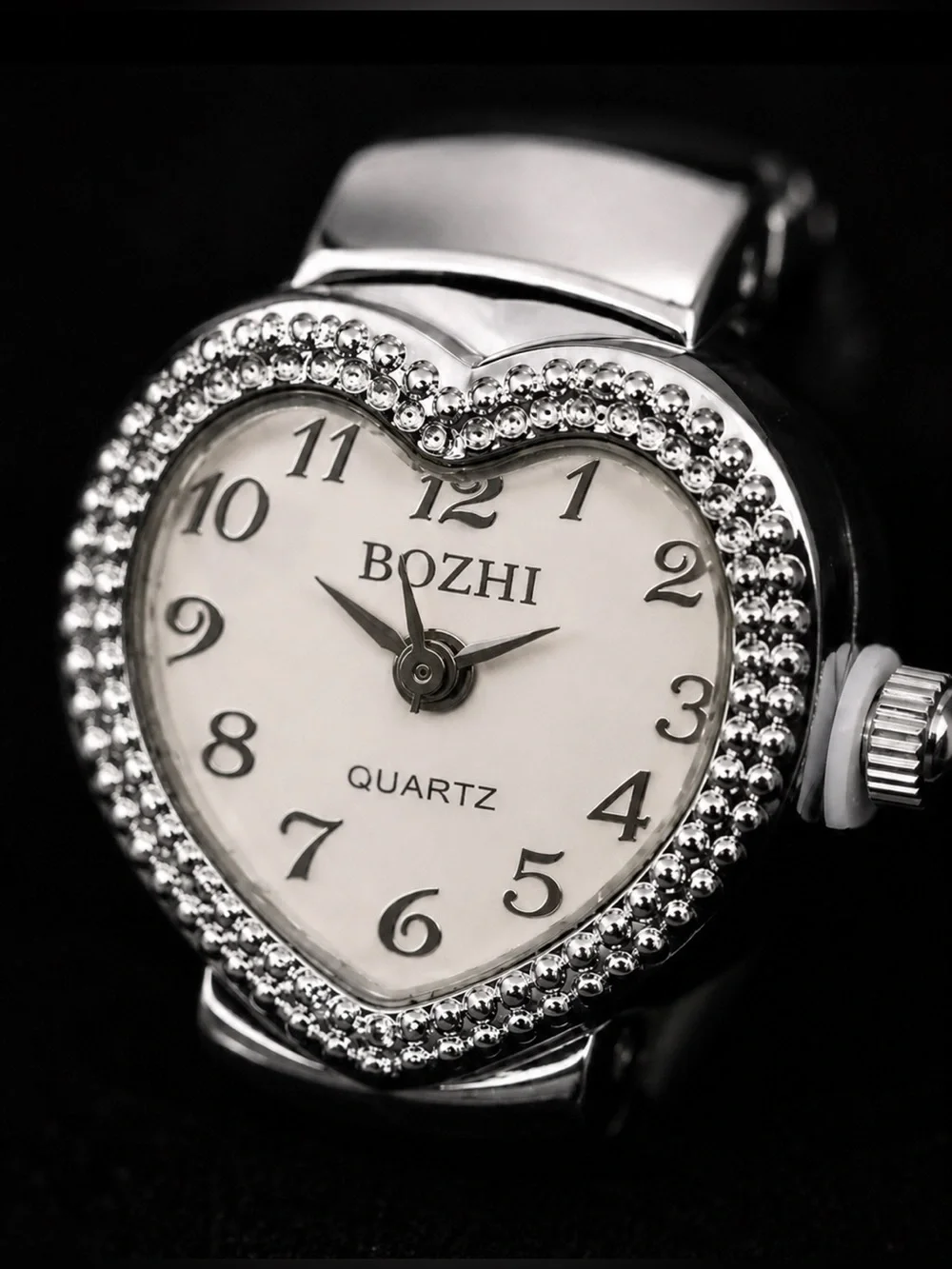 Silver Heart-Shaped Rhinestone Quartz Finger Watch Ring